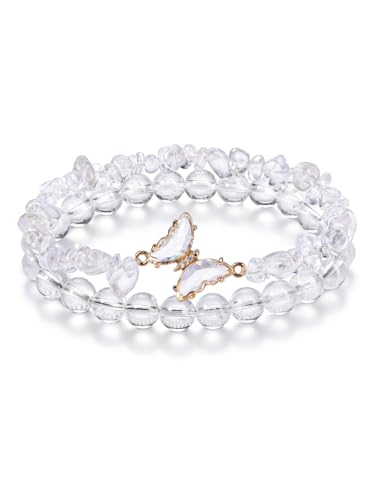 CrystalTears Bergkristall Armband Set Damen Kristalle Schmetterling Anhänger Splitterarmband+ 8mm elastischer Perlenarmband Amulett Schmuck spirituelle Geschenk von CrystalTears