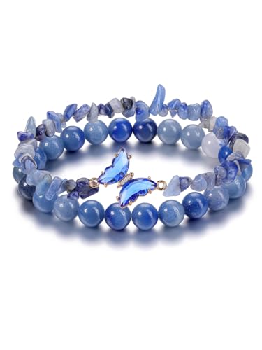 CrystalTears Blauer Aventurin Set Damen Kristalle Schmetterling Anhänger Splitterarmband+ 8mm elastischer Perlenarmband Amulett Schmuck spirituelle Geschenk von CrystalTears
