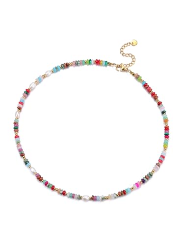 CrystalTears Bunte Perlenkette Damen 4mm Beads Edelsteine verstellbare Halskette Vintage Boho Strand Halsschmuck spirituelle Geschenke von CrystalTears