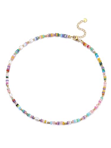 CrystalTears Bunte Perlenkette Damen 4mm Beads Edelsteine verstellbare Halskette Vintage Boho Strand Halsschmuck spirituelle Geschenke von CrystalTears