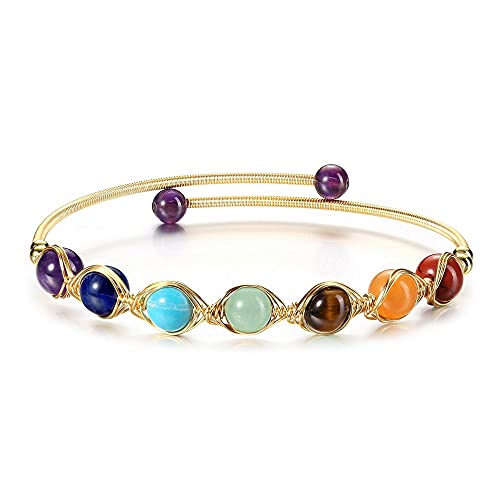 CrystalTears Chakra Armband 14K Gold Wire offene Armreif mit 7 Chakren Edelsteine Armschmuck Reiki Talisman spirituelle Geschenke für Mama von CrystalTears