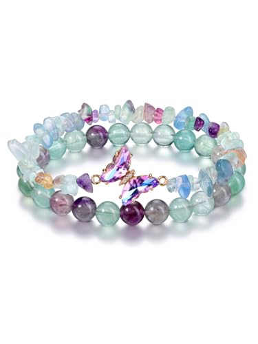 CrystalTears Flourit Armband Set Damen Kristalle Schmetterling Anhänger Splitterarmband+ 8mm elastischer Perlenarmband Amulett Schmuck spirituelle Geschenk von CrystalTears
