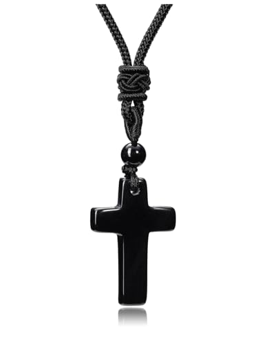 CrystalTears Kreuz Kette Obsidian Kreuzanhänger mit verstellbare Halskette Damen Herren Amulett Schmuck spirituelle Geschenk von CrystalTears