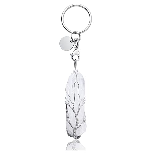 CrystalTears Lebensbaum Schlüsselanhänger Wire Wrap Bergkristall Säule Anhänger Schlüsselbund Heilstein Kristalle Schlüsselring Glücksbringer Geschenk für Autofahrer von CrystalTears