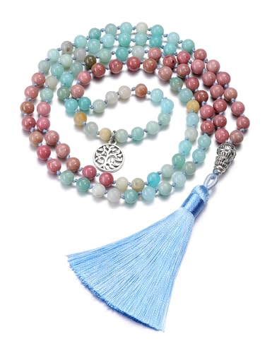 CrystalTears Mala Kette 108 Perlen 6mm Beads Wickelarmband aus Amazonit und Rhodonit Mala Armband mit Lebensbaum Anhänger Buddhismus Gebetskette Healing Reiki spirituelle Geschenke von CrystalTears