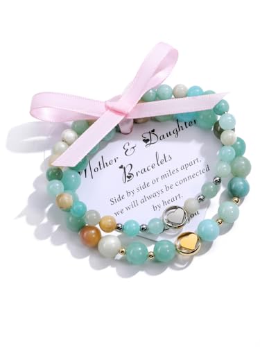 CrystalTears Mutter Tochter Armband Paar 6mm 8mm Amazonit Perelenarmband mit Silber Golden Herzanhänger Armschmuck für Mama Tochter Mädchen Muttertagsgeschenk von CrystalTears