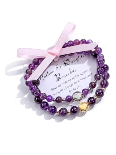 CrystalTears Mutter Tochter Armband Paar 6mm 8mm Amethyst Perelenarmband mit Silber Golden Herzanhänger Armschmuck für Mama Tochter Mädchen Muttertagsgeschenk von CrystalTears