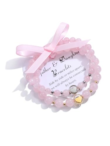 CrystalTears Mutter Tochter Armband Paar 6mm 8mm Rosenquarz Perelenarmband mit Silber Golden Herzanhänger Armschmuck für Mama Tochter Mädchen Muttertagsgeschenk von CrystalTears