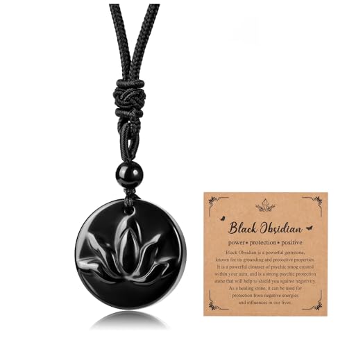 CrystalTears Obsidian Kette Runder Anhänger mit Lotus Gravur Heilstein Halskette Glücksbringer Edelstein Schmuck Damen Herren von CrystalTears