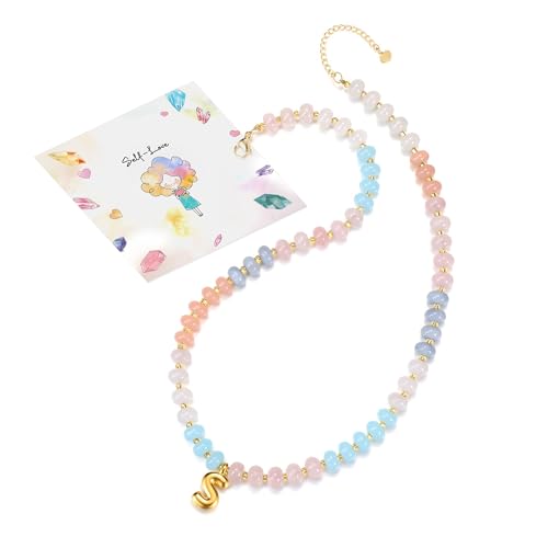 CrystalTears Personalisierte Bunte Perlenkette mit Buchstaben Gold, Edelsteine Heilsteine Kette Boho Halskette Mode Schmuck Damen von CrystalTears