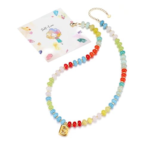 CrystalTears Personalisierte Bunte Perlenkette mit Buchstaben Gold, Edelsteine Heilsteine Kette Boho Halskette Mode Schmuck Damen von CrystalTears