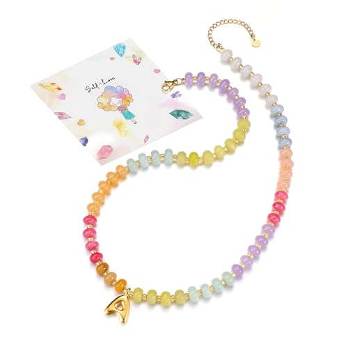 CrystalTears Personalisierte Bunte Perlenkette mit Buchstaben Gold, Edelsteine Heilsteine Kette Boho Halskette Mode Schmuck Damen von CrystalTears