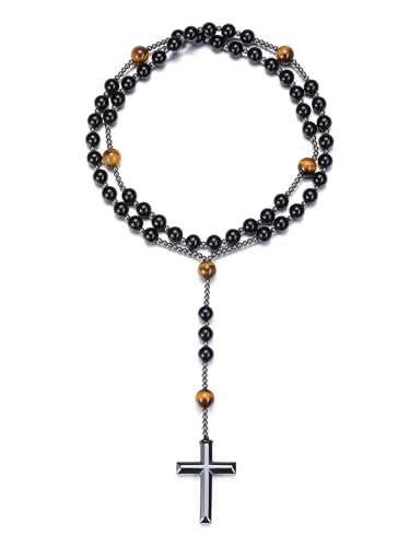 CrystalTears Rosenkranz Halskette Hematite Kreuzanhänger mit Obsidian Perlenkette Damen Herren Amulett Schmuck spirituelle Geschenk von CrystalTears