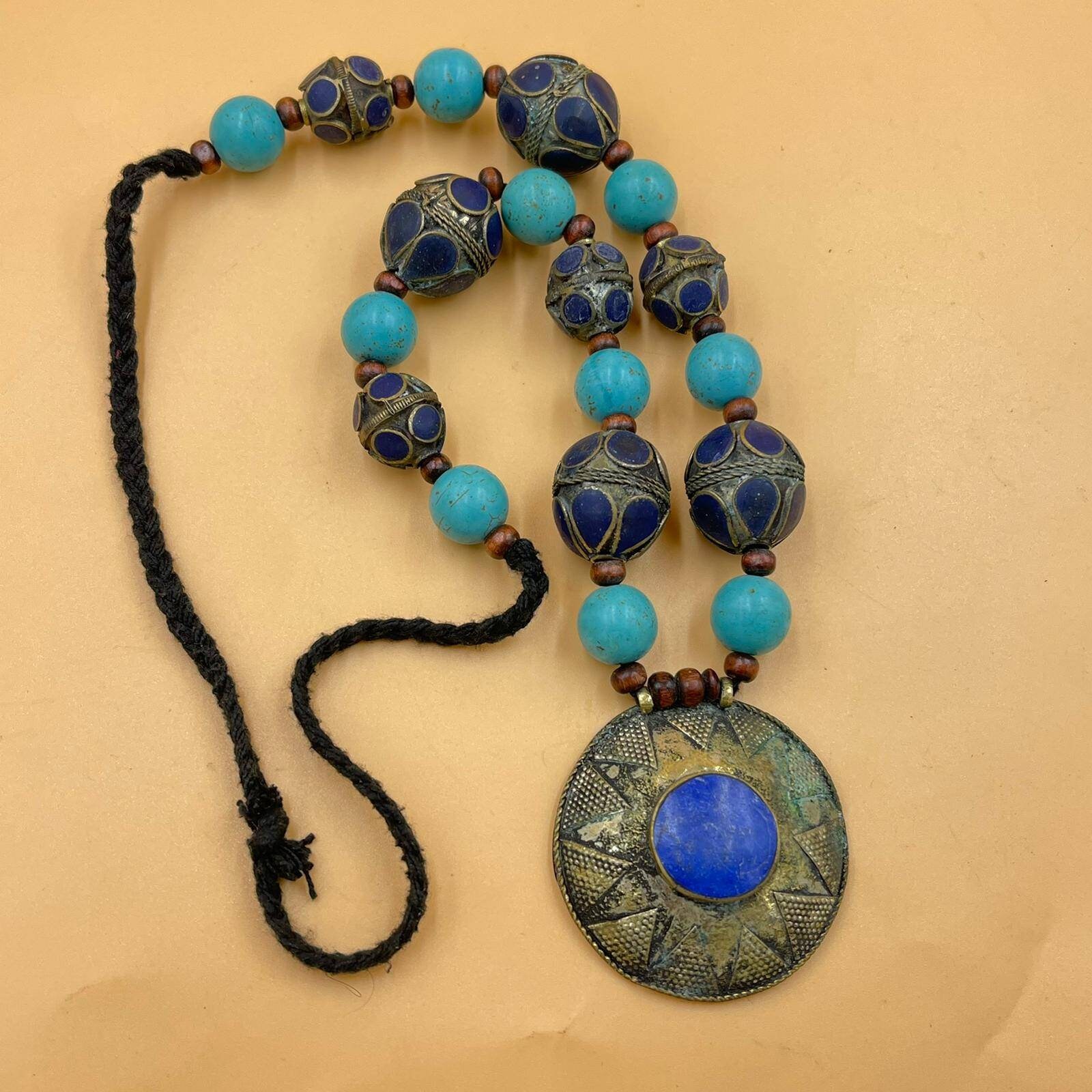 Antike Alte Türkis Und Lapis Messing Perlen Mit Blau Bezahlten Lazuli Anhänger Halskette Bohemain Halskette, Afghani von CrystalballStore