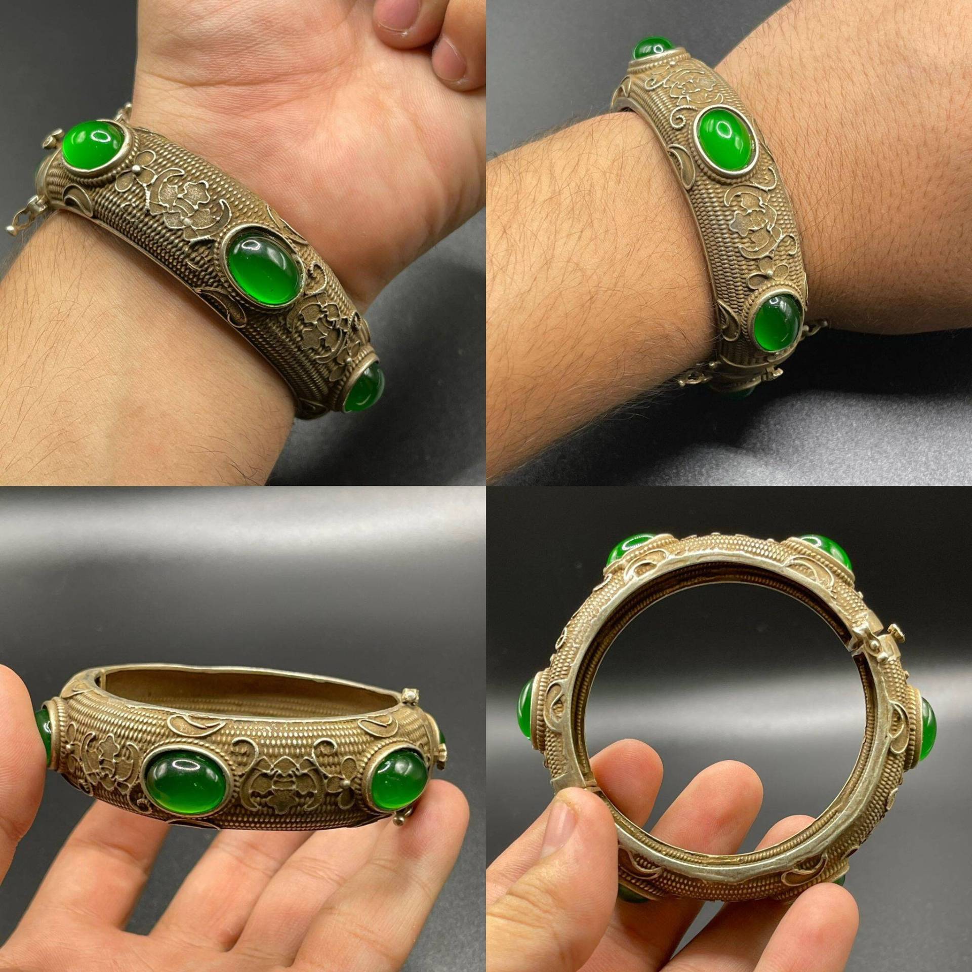 Einzigartiges Antikes Tibetisch Schönes Massives Bronze Armband Mit Blumen Geschnitzt Und Grünen Jade Steinen Einsatz von CrystalballStore