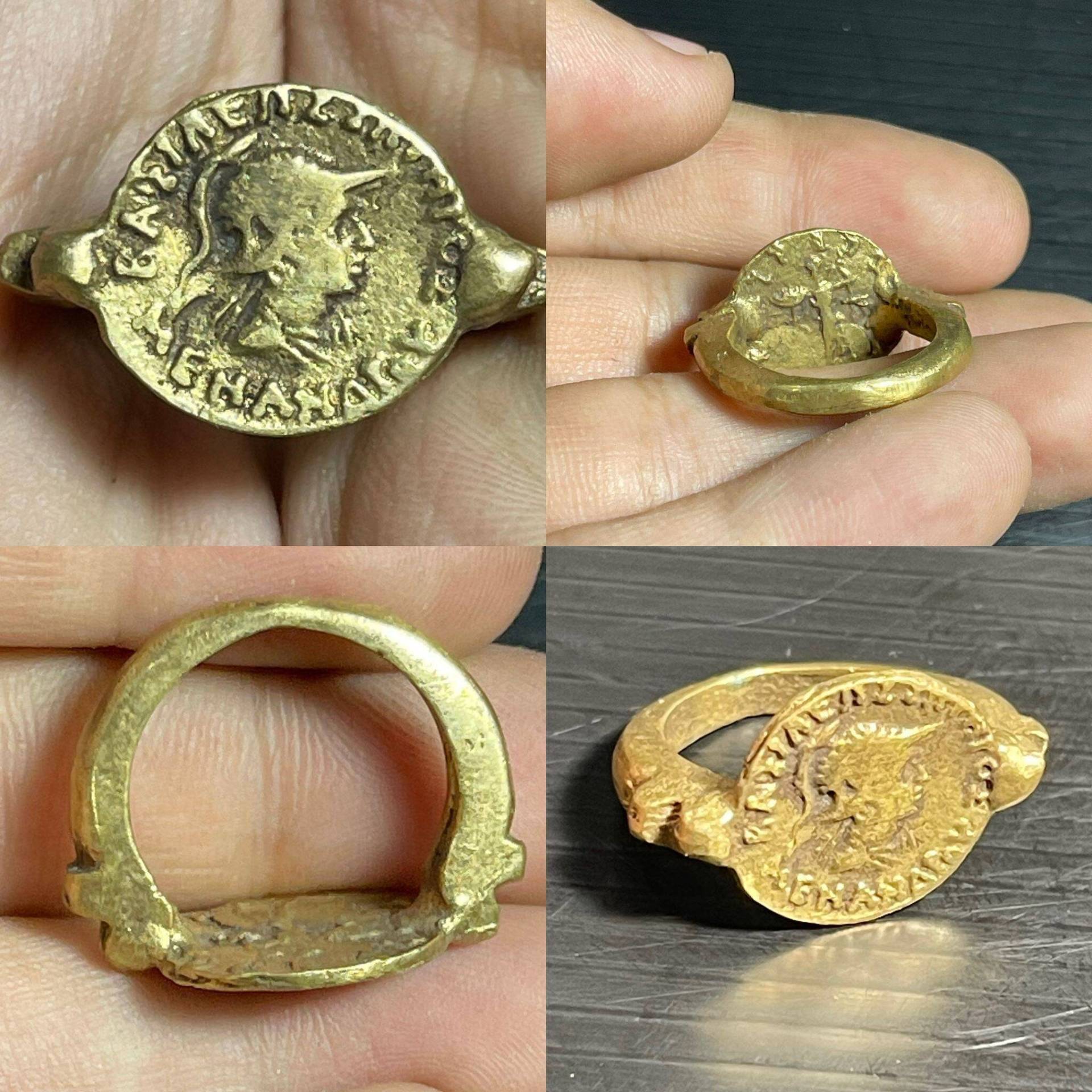 Wunderschöner Antik Atemberaubender Gold Vergoldung Messing Unikat Ring Mit Dem Großen Alexander König Kleine Münze Auf Der Oberseite von CrystalballStore