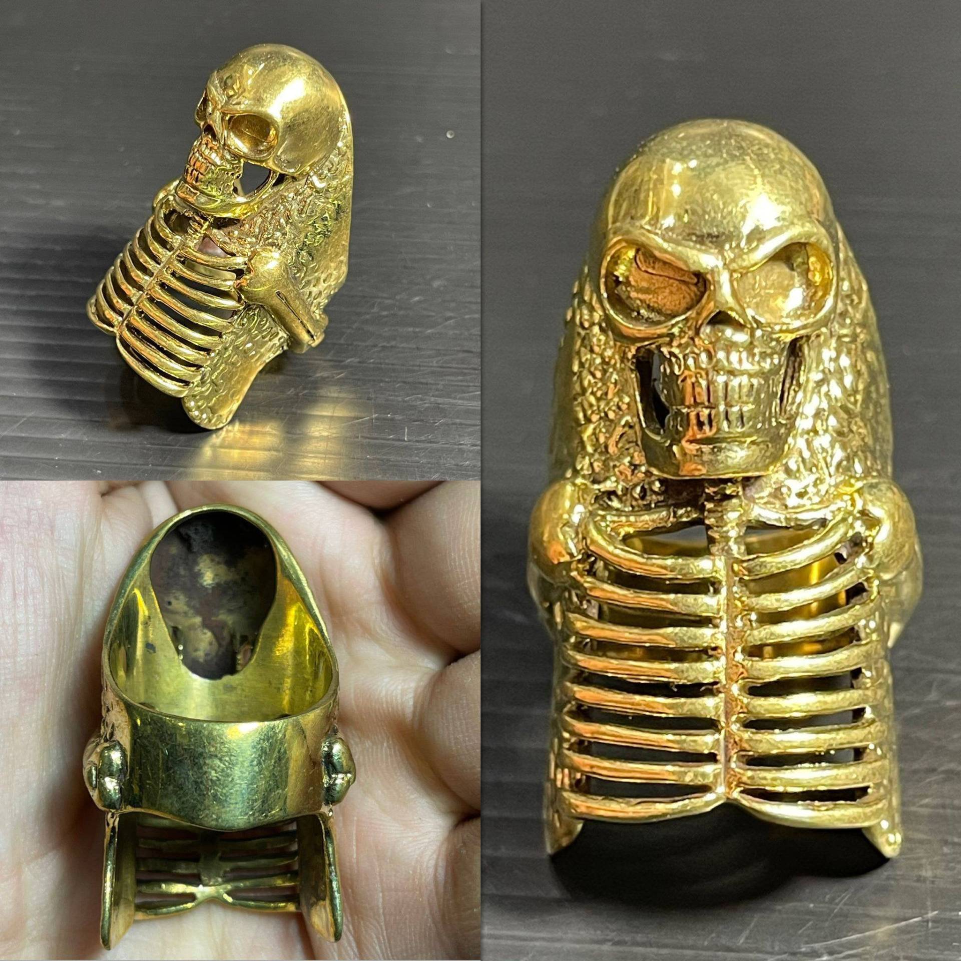 Wunderschöner Antiker Atemberaubender Gold Vergoldung Bronze Ring Mit Totenkopf von CrystalballStore