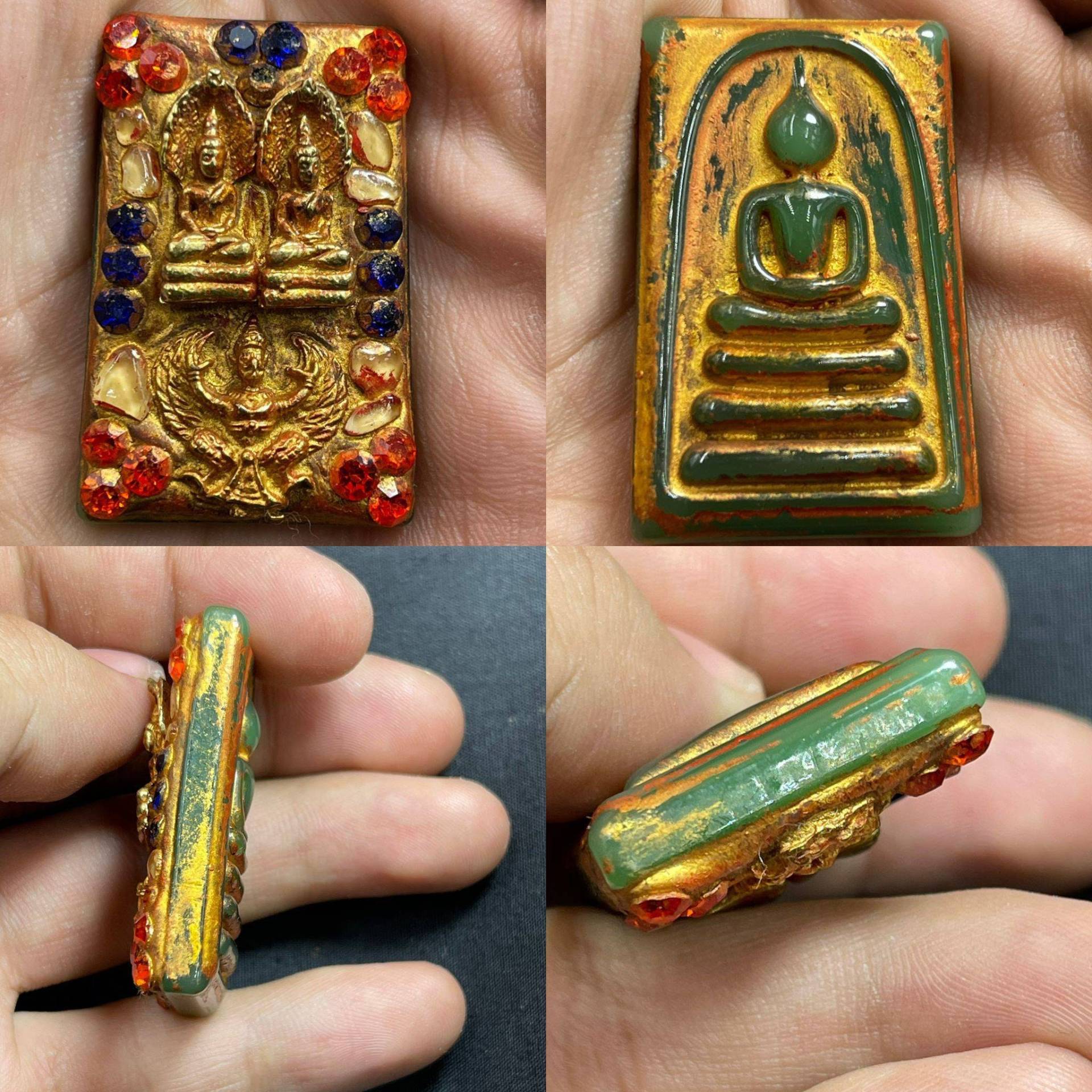 Wunderschönes Antikes Grünes Jade Thai Amulett Mächtige Somdej Lp Tog Wat Kaew Pim Yai Mit Gold Vergoldung Gandhara Budha Figur von CrystalballStore