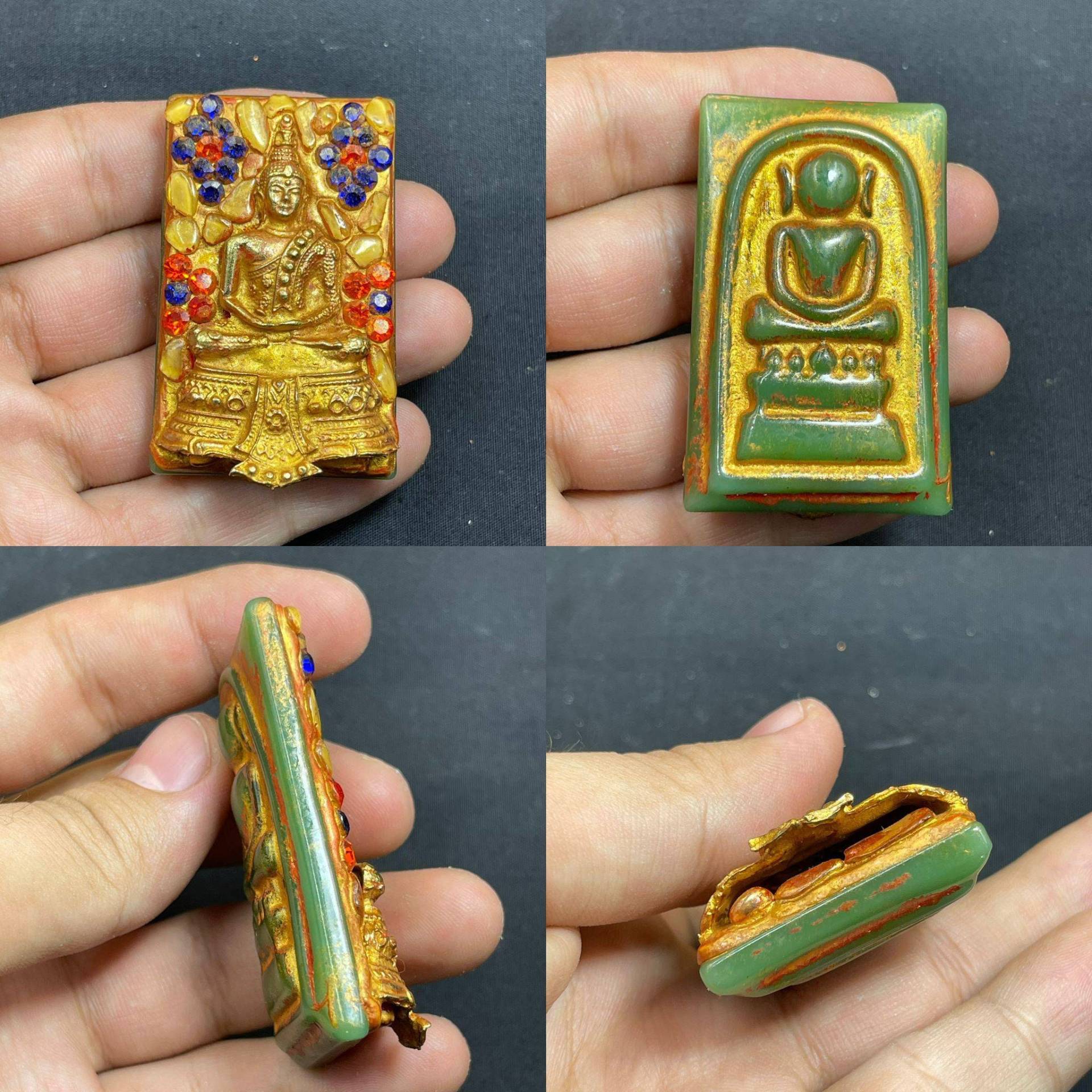 Wunderschönes Antikes Grünes Jade Thai Amulett Mächtige Somdej Lp Tog Wat Kaew Pim Yai Mit Gold Vergoldung Gandhara Figur von CrystalballStore