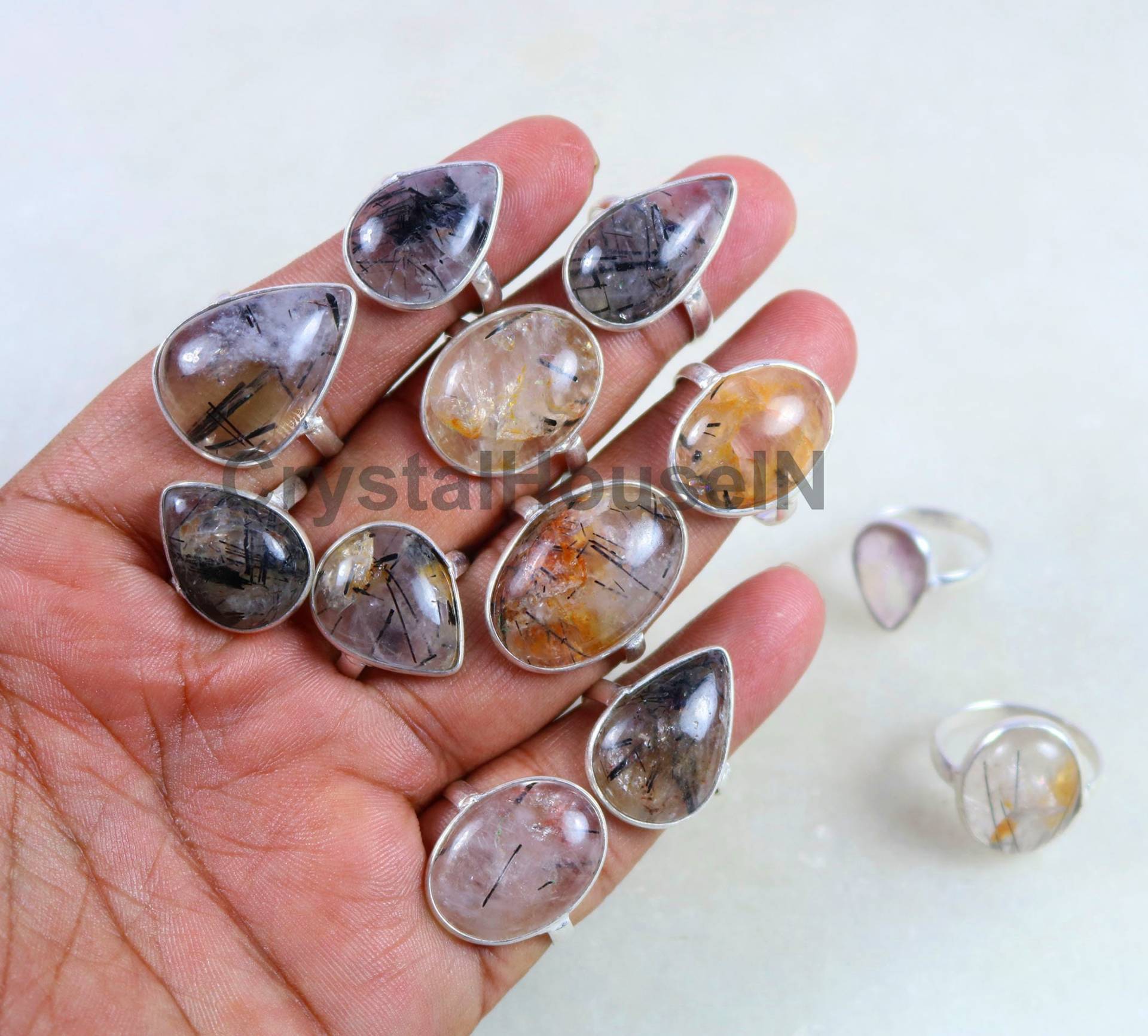 Natürlicher Schwarzer Rutilquarz Edelstein Lünette Ring, Versilbert Ring Lot, Mix Form Ringe Schmuck Für Geschenk Größe 6 Bis 9 von Crystalgems2020