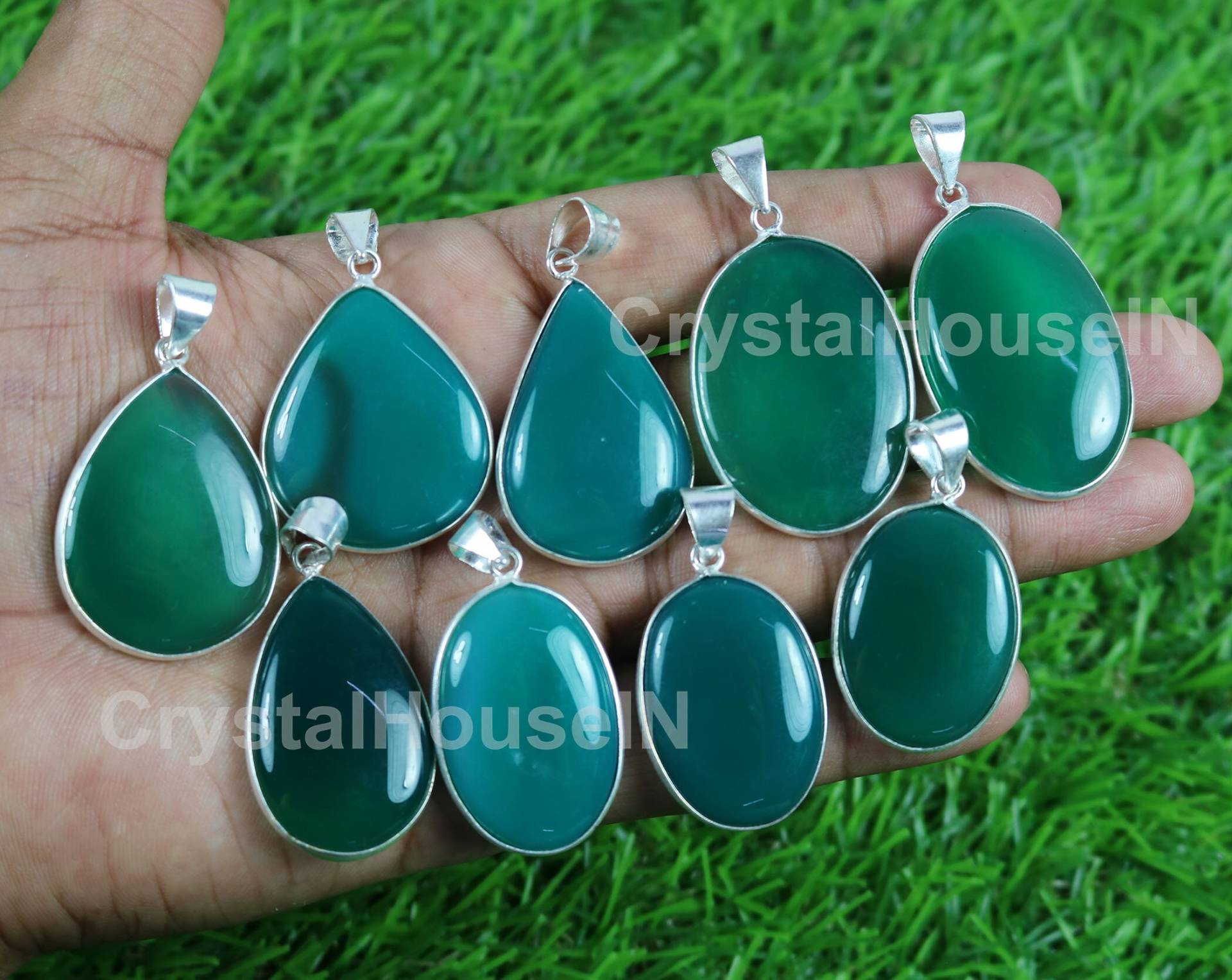 Wunderschön Natürliche Grüne Onyx Edelstein Lünette Anhänger, Silber Überzogene Halsketten-Anhänger-Schmucksachen von Crystalgems2020