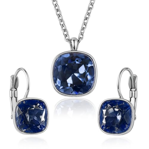 Crystalina Schmuckset Damen mit funkelnden Kristallen | Halskette und Ohrringe mit Zirkonia | Vergoldet oder Versilbert | Elegante & Originelle Geschenkidee für Frauen (Silber Blau) von Crystalina