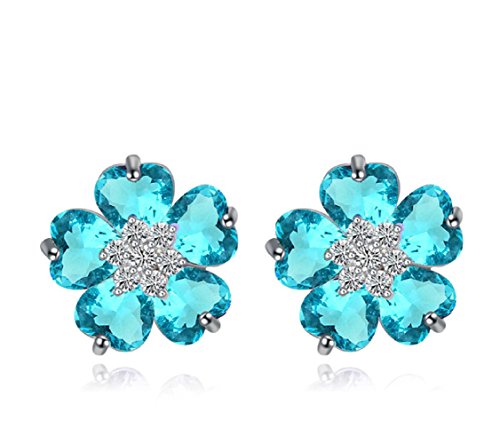 Crystalline Azuria Blumen Ohrstecker mit Blau Simulierter Aquamarin Zirkonia Kristalle18 kt Weiß Vergoldet für Damen von Crystalline Azuria