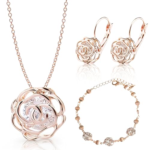 Crystalline Azuria Rose Blumen Kristalle Schmuck-Set Halskette 45 cm Leverback Ohrringe Armband 18 kt Rosé Vergoldet für Damen von Crystalline Azuria