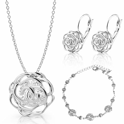 Crystalline Azuria Rose Blumen Kristalle Schmuck-Set Halskette 45 cm Leverback Ohrringe Armband 18 kt Weiß Vergoldet für Damen von Crystalline Azuria