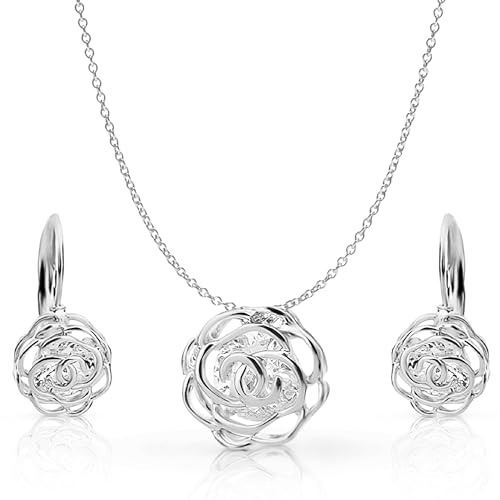 Crystalline Azuria Rose Blumen Kristalle Schmuck-Set Halskette Anhänger 45 cm Leverback Ohrringe 18 kt Weiß Vergoldet für Damen von Crystalline Azuria