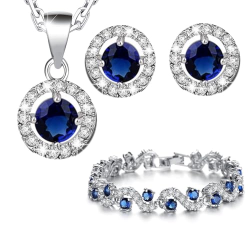Crystalline Azuria Rund Blau Zirkonia Kristalle Schmuck-Set Halskette Anhänger Ohrringe Armband 18 kt Weiß Vergoldet von Crystalline Azuria