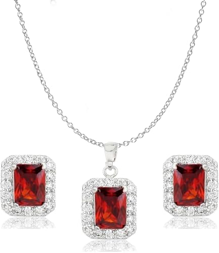 Crystalline Azuria Schmuck-Set mit Rot Zirkonia Kristalle Halskette Anhänger 45 cm Ohrstecker Ohrringe 18 kt Weiß Vergoldet von Crystalline Azuria