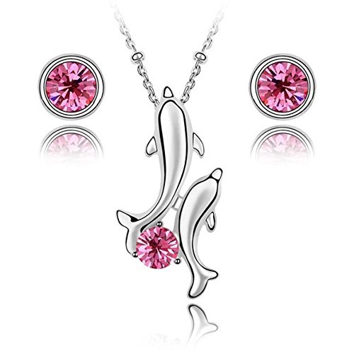 Crystalline Azuria Kristalle Delfine Schmuck-Set Rosa Halskette Anhänger 45 cm Ohrstecker Ohrringe 18 kt Weiß Vergoldet für Damen von Crystalline Azuria