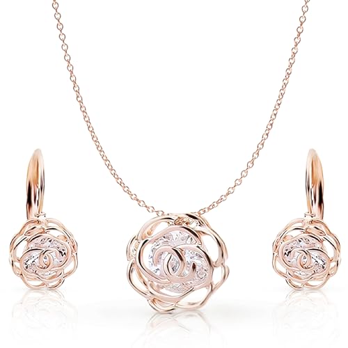 Crystalline Azuria Rose Blumen Kristalle Schmuck-Set Halskette Anhänger 45 cm Leverback Ohrringe 18 kt Rosé Vergoldet für Damen von Crystalline Azuria