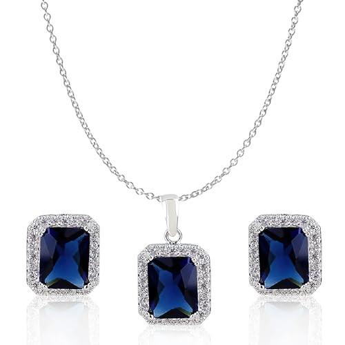 Crystalline Azuria Schmuck-Set mit Blauer simulierter Saphir Zirkonia Kristalle Halskette Anhänger 45 cm Ohrstecker Ohrringe 18 kt Weiß Vergoldet von Crystalline Azuria