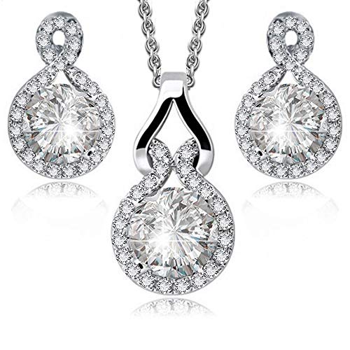 Crystalline Azuria Rund Weiß Zirkonia Kristalle Schmuck-Set Halskette Anhänger 45 cm Ohrstecker Ohrringe 18 kt Weiß Vergoldet für Damen von Crystalline Azuria