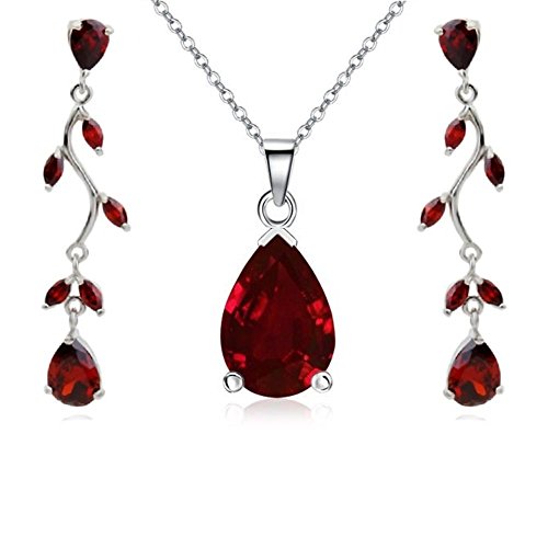 Crystalline Azuria Tropfenform Schmuck-Set mit Rot Zirkonia Kristalle Halskette Anhänger 45 cm Ohrringe 18 kt Weiß Vergoldet für Damen von Crystalline Azuria