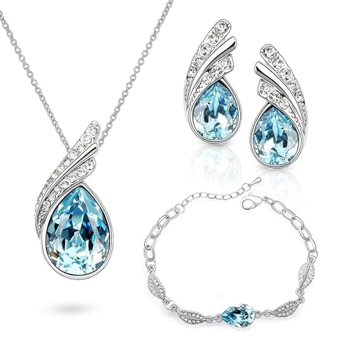 Crystalline Azuria Tropfenform Kristalle Blau Simulierter Aquamarin Schmuck-Set Halskette Ohrringe Armband 18 kt Weiß Vergoldet von Crystalline Azuria