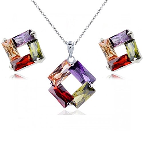 Crystalline Azuria Bunt Zirkonia Kristalle Rhombus Schmuck-Set Halskette Anhänger 45 cm Ohrringe 18 kt Weiß Vergoldet für Damen von Crystalline Azuria