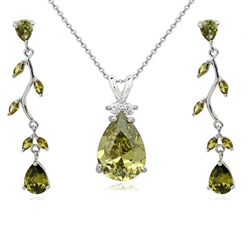 Crystalline Azuria Tropfenform Schmuck-Set mit Grünes Olivin Zirkonia Kristalle Halskette Anhänger 45 cm Ohrringe 18 kt Weiß Vergoldet für Damen von Crystalline Azuria