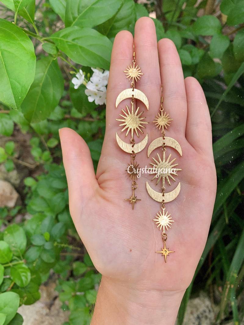 Lange Baumeln Tropfen Ohrringe | Sunburst Crescent Moon Boho-stil Lange Baumeln Tropfen Ohrringe | Sunburst Crescent Moon Boho-stil von Crystalyana