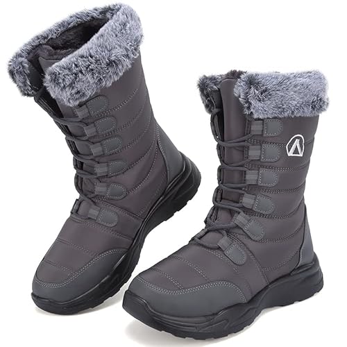 Csgkag Herren Damen Winterstiefel Schneestiefel Warme Gefüttert Anti-Rutsch Trekking Wanderschuhe Leicht Winterschuhe Schnürsenkel Outdoor Boots Stiefeletten,Grau,EU38 von Csgkag