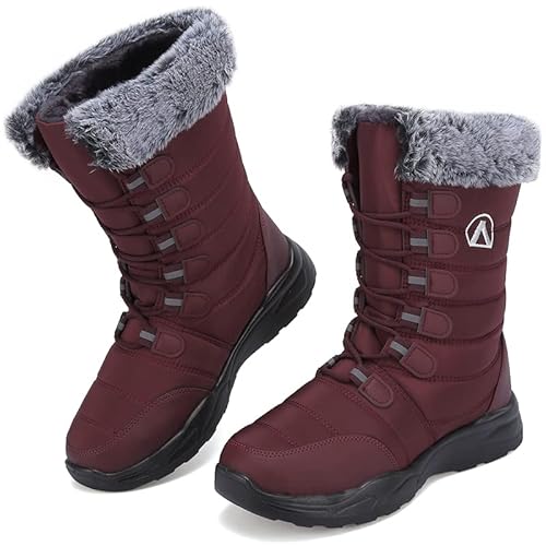 Csgkag Herren Damen Winterstiefel Schneestiefel Warme Gefüttert Anti-Rutsch Trekking Wanderschuhe Leicht Winterschuhe Schnürsenkel Outdoor Boots Stiefeletten,Rot,EU37 von Csgkag