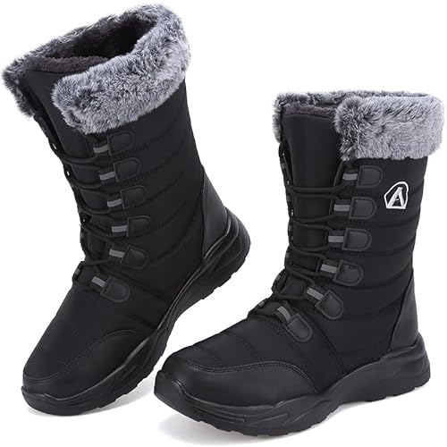 Csgkag Herren Damen Winterstiefel Schneestiefel Warme Gefüttert Anti-Rutsch Trekking Wanderschuhe Leicht Winterschuhe Schnürsenkel Outdoor Boots Stiefeletten,Schwarz,EU44 von Csgkag