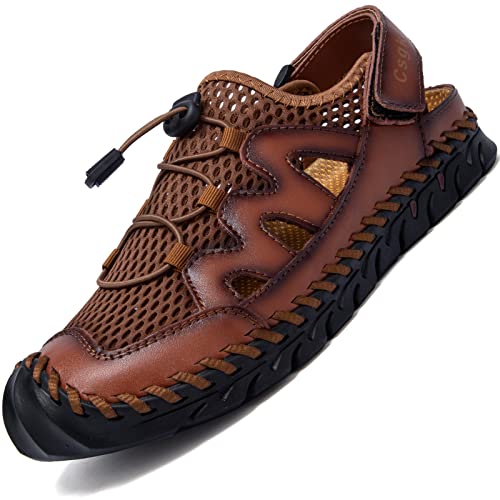 Csgkag Sandalen Herren Trekkingsandalen Leder Wanderschuhe Atmungsaktive Sneaker Sandale Closed Toe Outdoor Sommer Strand Wasser Fischer Wandersandale,Braun,EU39 von Csgkag