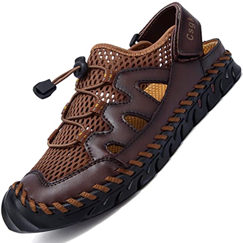 Csgkag Sandalen Herren Trekkingsandalen Leder Wanderschuhe Atmungsaktive Sneaker Sandale Closed Toe Outdoor Sommer Strand Wasser Fischer Wandersandale,Dunkel braun,EU42 von Csgkag