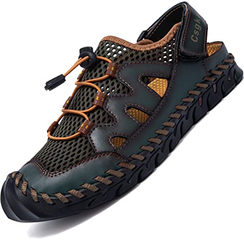 Csgkag Sandalen Herren Trekkingsandalen Leder Wanderschuhe Atmungsaktive Sneaker Sandale Closed Toe Outdoor Sommer Strand Wasser Fischer Wandersandale,Grün,EU40 von Csgkag