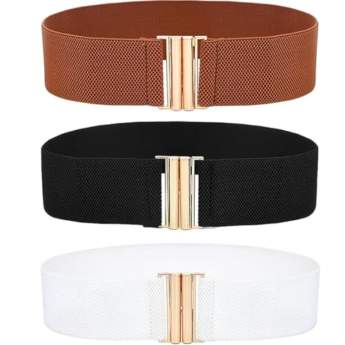 Csirnto Taillengürtel Damen 3 Stücke - Breiter Elastischer Gürtel Mit Schnalle - Vintage Stretchgürtel in Weiß, Schwarz, Braun von Csirnto