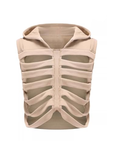 CsunYuk Y2K Gothic Skelett Ripp Frauen Weste Kapuze Ärmellos Weste Übergroße Kleidung für Männer Unisex, Khaki, Einheitsgröße von CsunYuk