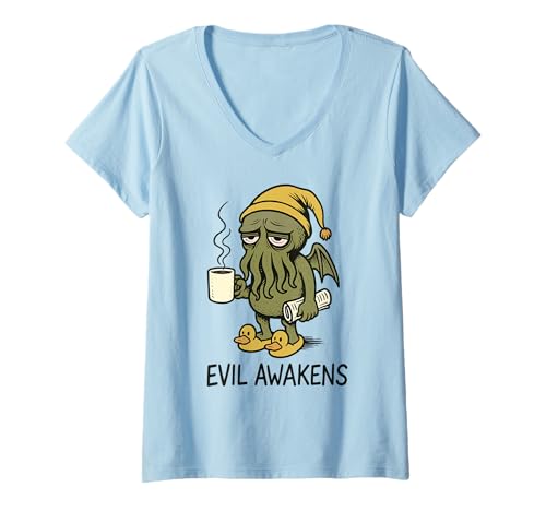 Damen Cthulhu Das Böse erwacht, Lustiger mürrischer Cthulhu-Morgenkaffee T-Shirt mit V-Ausschnitt von Cthulhu Idol Miskatonic Horror Shop